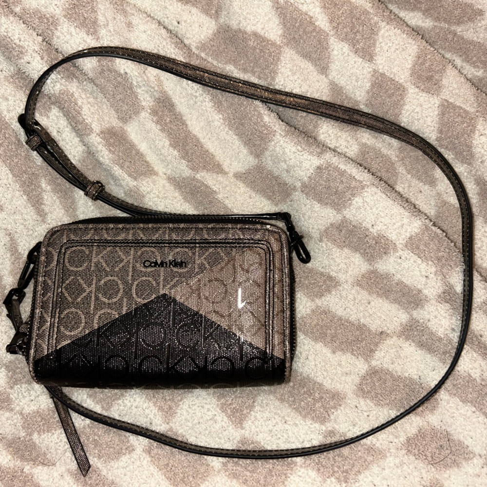 Calvin Klein Monogram Crossbody Bag in Brown and Black